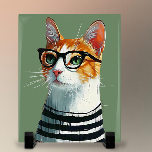 Smarty Cat Ceramic Wall Tile | Adorable Cat with Glasses Decor | 8x10" |Perfect Minimalist Home Accent | Gift for Cat Enthusiasts