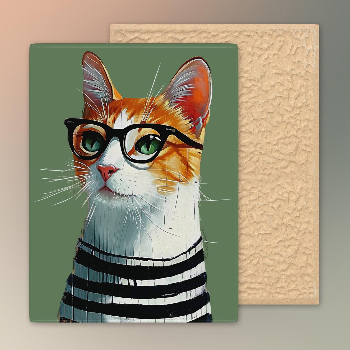Smarty Cat Ceramic Wall Tile | Adorable Cat with Glasses Decor | 8x10" |Perfect Minimalist Home Accent | Gift for Cat Enthusiasts