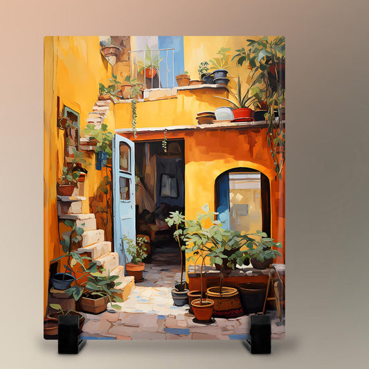 Quaint Mediterranean Ceramic Tile, Rustic Streetside Wall Art for Unique Home Décor, Colorful 8x10" Art for Small Spaces, Quirky Wall Decor