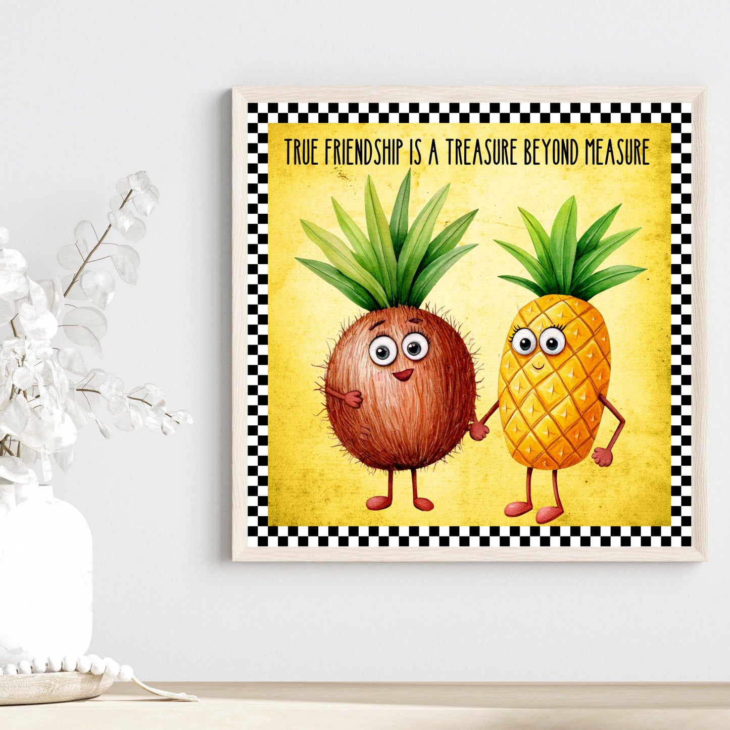 Fruit Wall Art Ceramic Tile, Whimsical Pineapple and Coconut Quote Print for Kitchen Decor, Friendship Gift Idea