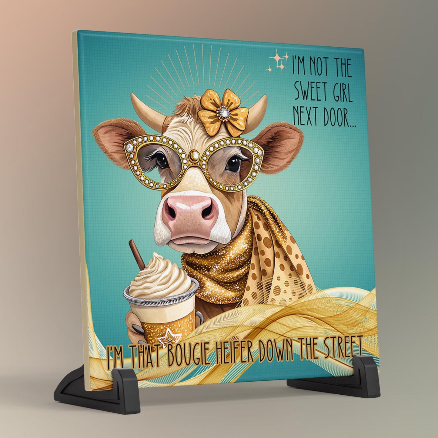 Funny Cow Ceramic Wall Art Tile, Sassy Quote Kitchen Decor - "I'm Not the Sweet Girl Next Door" Print for Humor Lovers