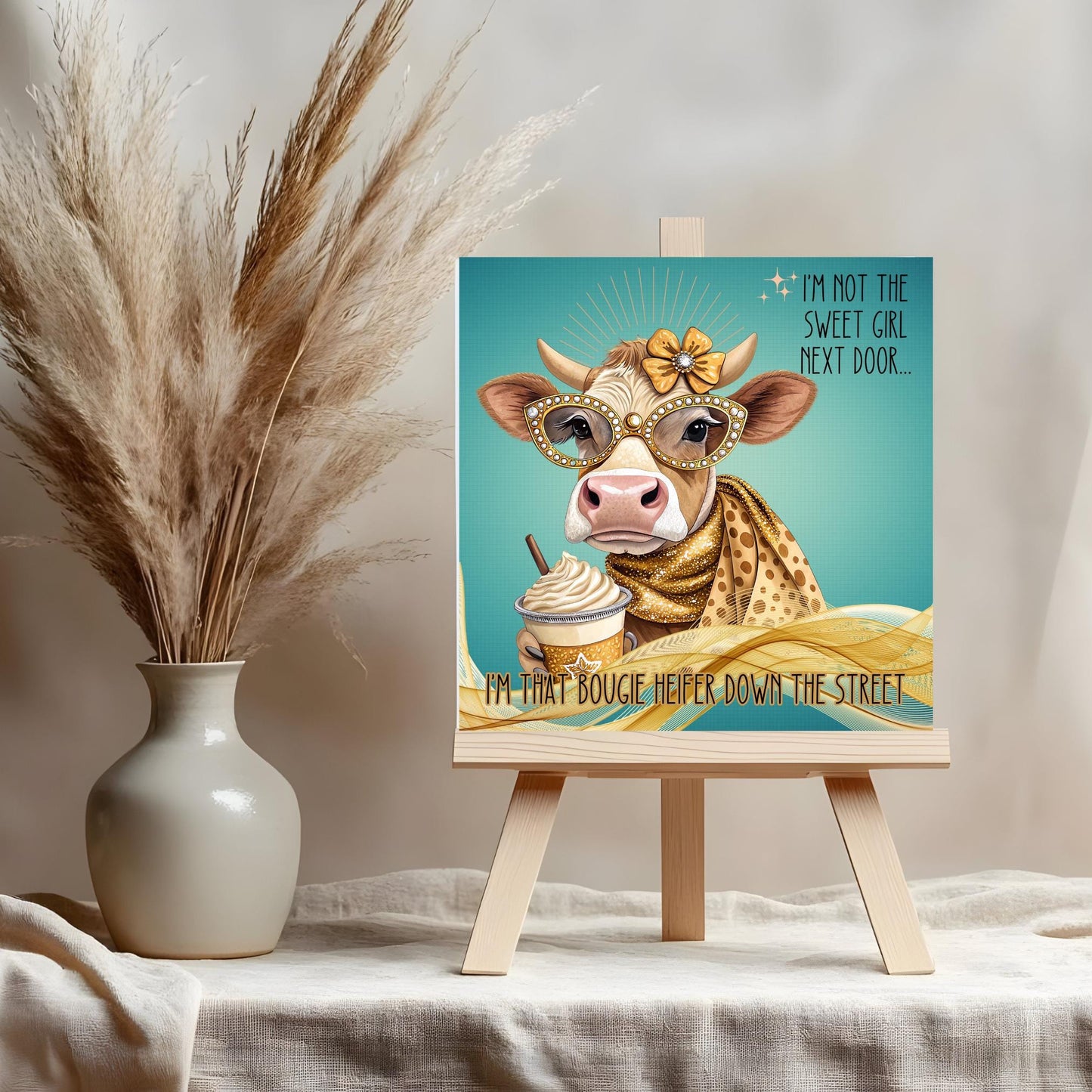 Funny Cow Ceramic Wall Art Tile, Sassy Quote Kitchen Decor - "I'm Not the Sweet Girl Next Door" Print for Humor Lovers