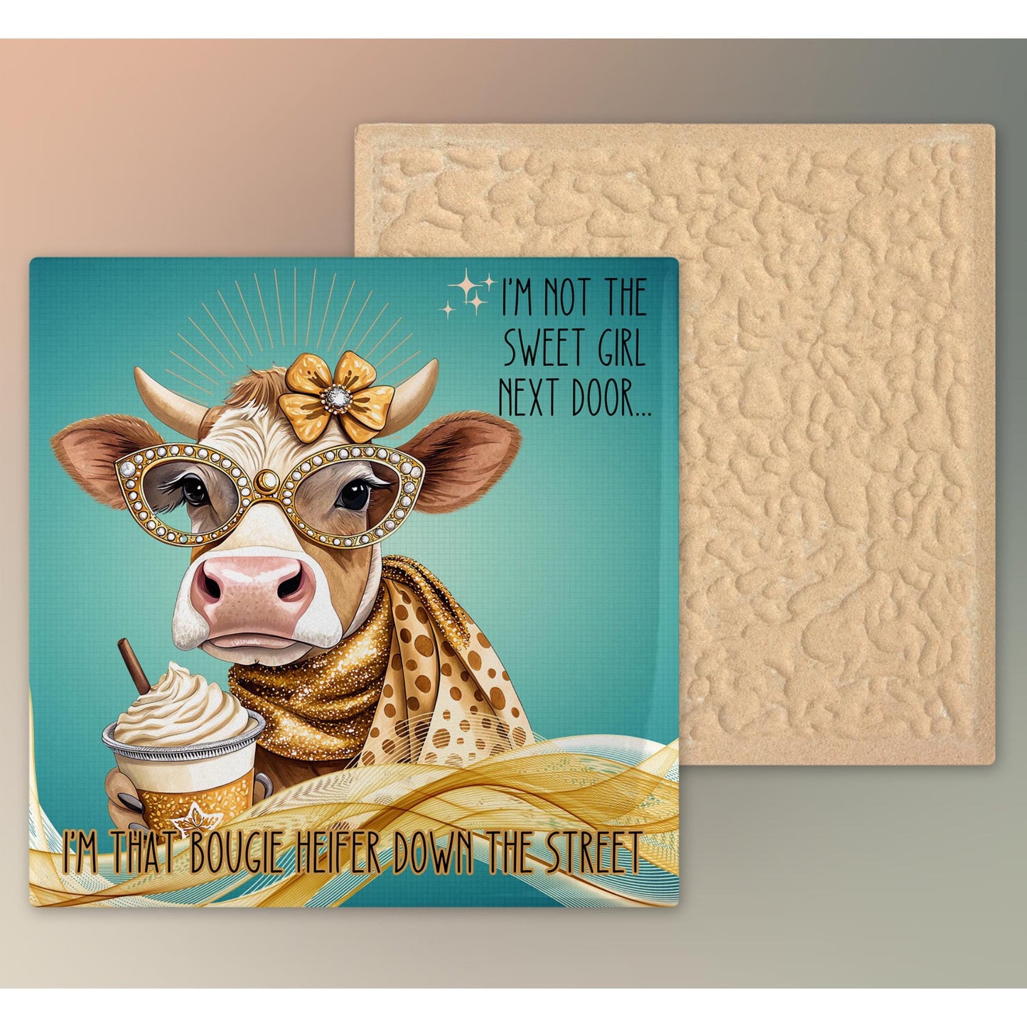 Funny Cow Ceramic Wall Art Tile, Sassy Quote Kitchen Decor - "I'm Not the Sweet Girl Next Door" Print for Humor Lovers