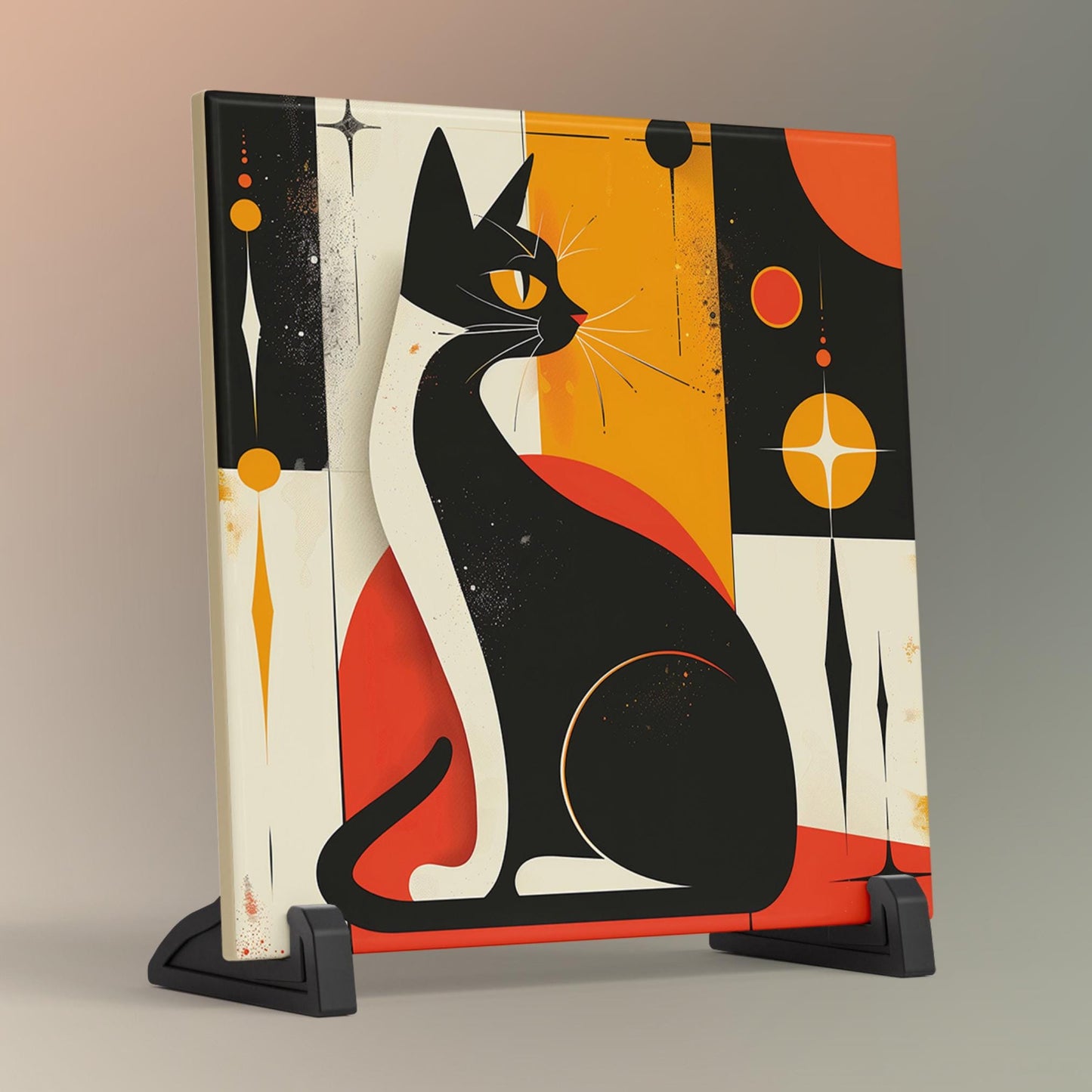 Mid-Century Art Ceramic Tile, Retro Cat Print Wall Hanging, Unique Home Decor for Cat Lovers, Perfect Gift for Cat Lovers