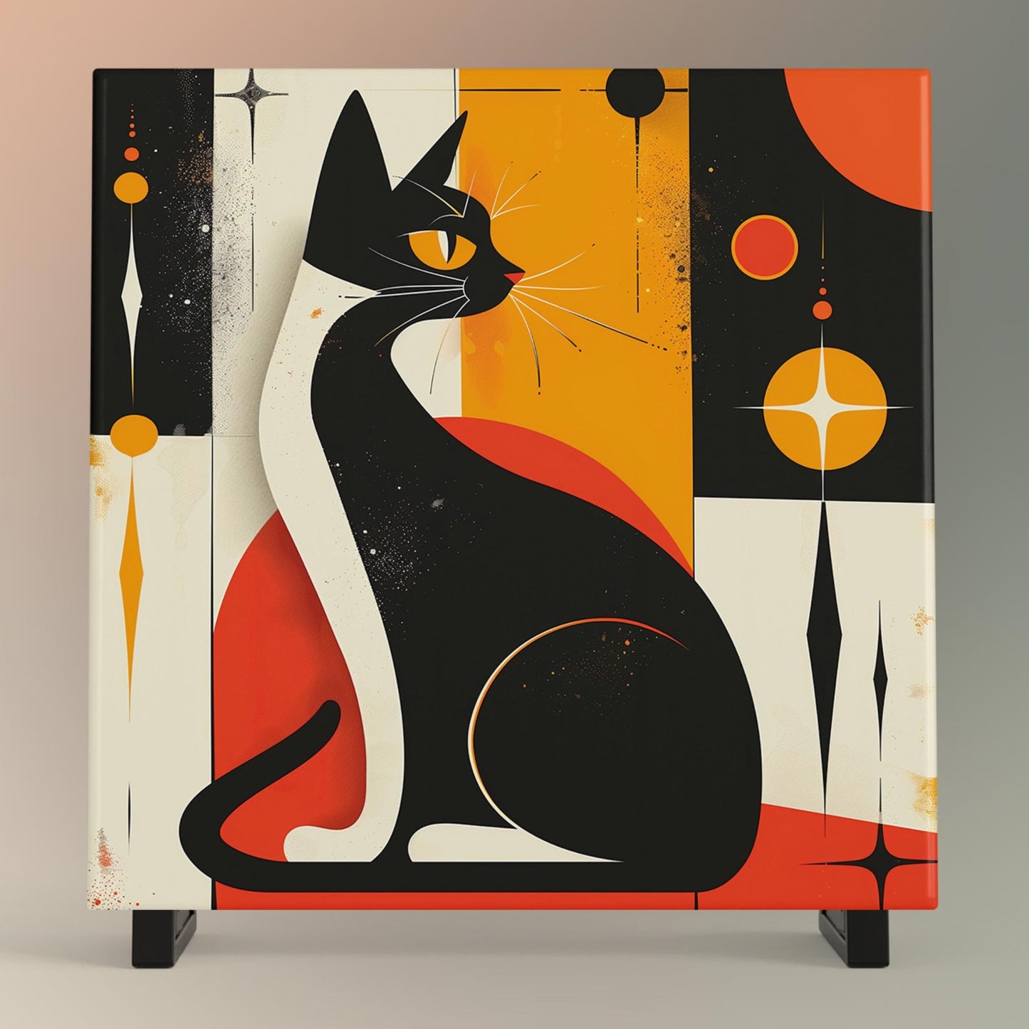 Mid-Century Art Ceramic Tile, Retro Cat Print Wall Hanging, Unique Home Decor for Cat Lovers, Perfect Gift for Cat Lovers