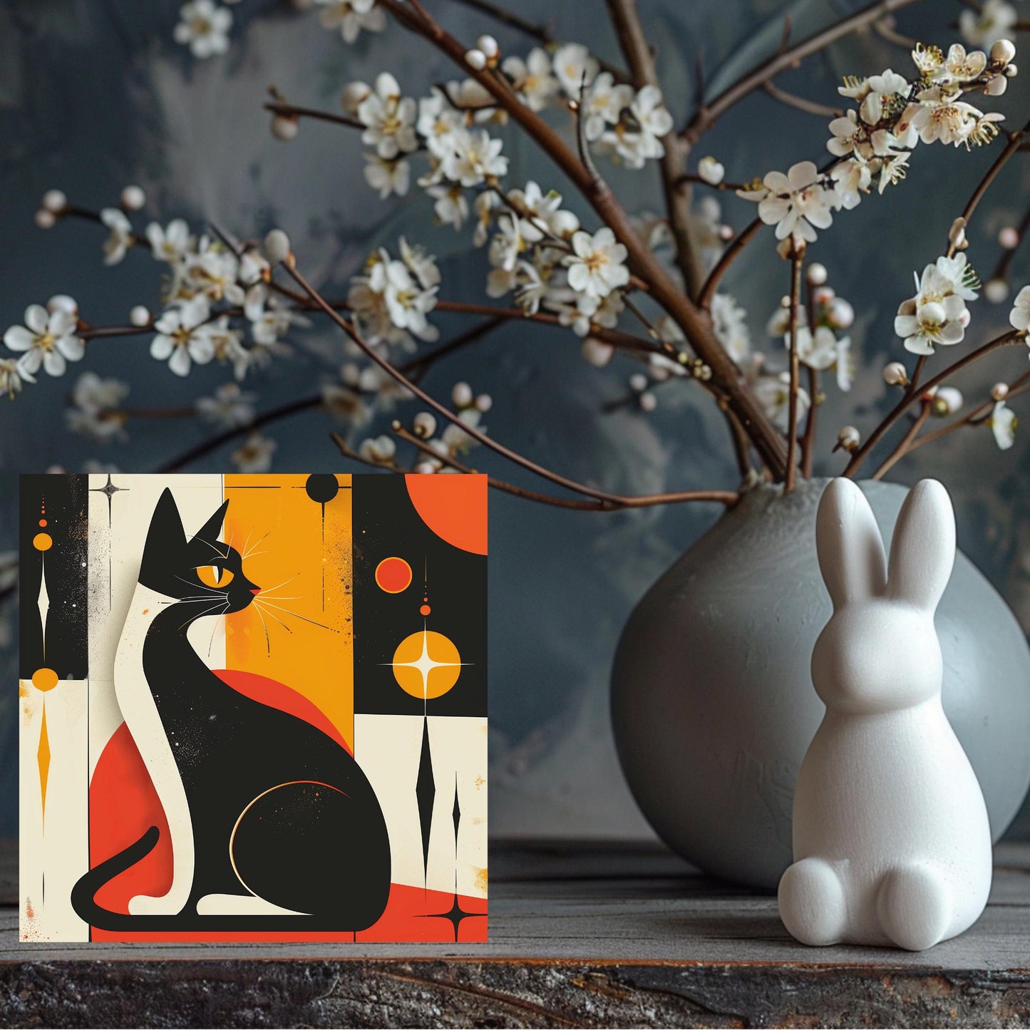 Mid-Century Art Ceramic Tile, Retro Cat Print Wall Hanging, Unique Home Decor for Cat Lovers, Perfect Gift for Cat Lovers