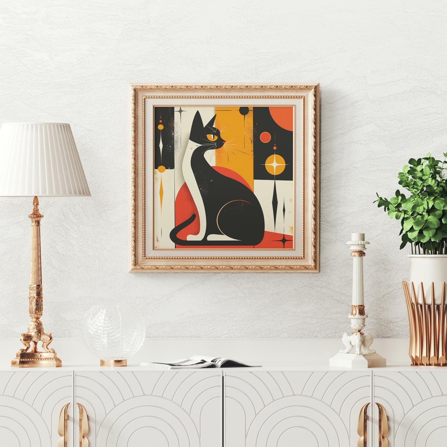 Mid-Century Art Ceramic Tile, Retro Cat Print Wall Hanging, Unique Home Decor for Cat Lovers, Perfect Gift for Cat Lovers