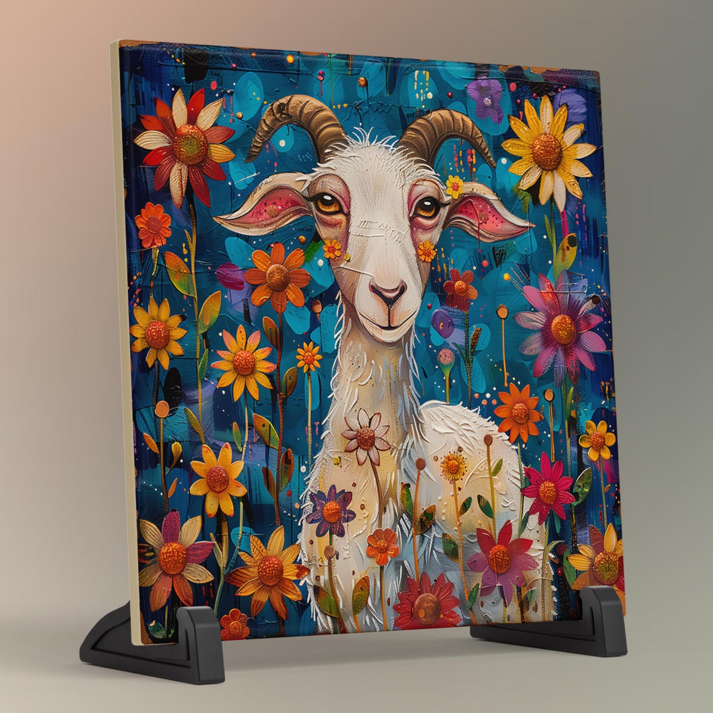 Whimsical Goat Ceramic Art on Tile, Folk Art Animal Decor, Farmhouse Style Print