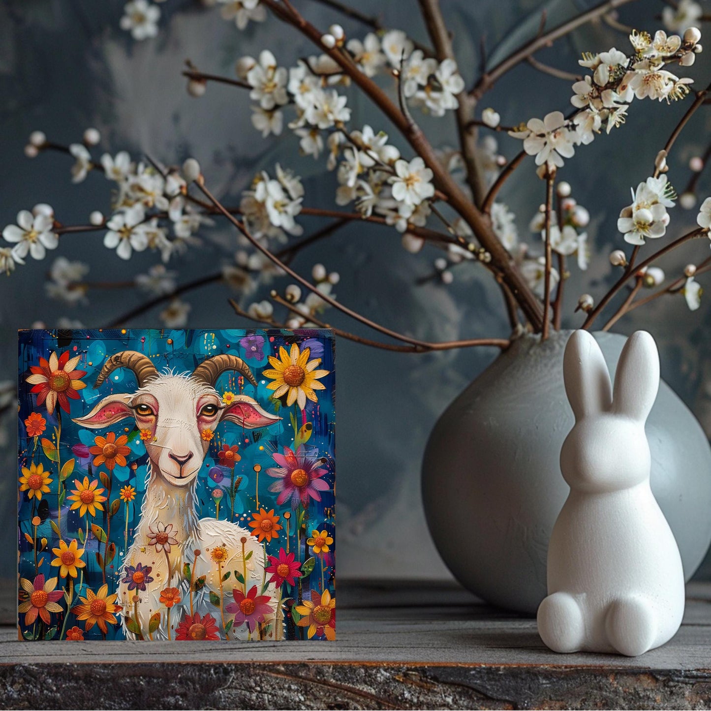 Whimsical Goat Ceramic Art on Tile, Folk Art Animal Decor, Farmhouse Style Print
