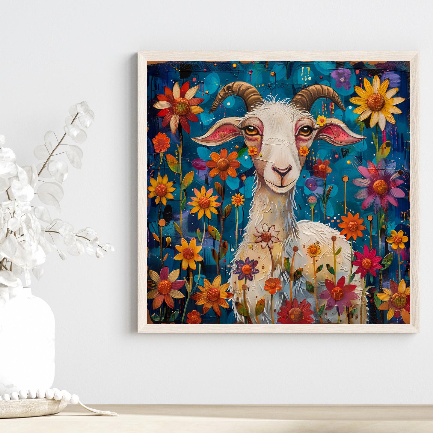 Whimsical Goat Ceramic Art on Tile, Folk Art Animal Decor, Farmhouse Style Print