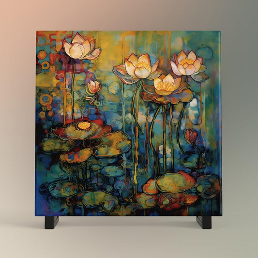Water Lily Art Tile II - Elegant Art Nouveau Ceramic Tile, Botanical Artwork, Gallery Wall Display - Spring Decor, Floral