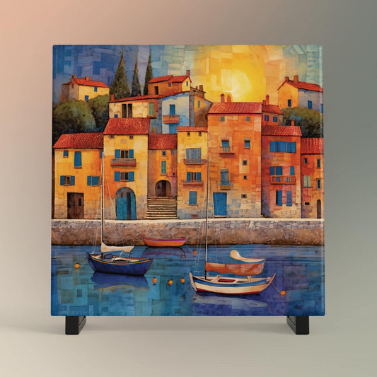 Mediterranean Harbor Ceramic Tile Art, Mosaic Look Decor Tile for Kitchen or Bathroom, Coastal Art, Gallery Wall Decor