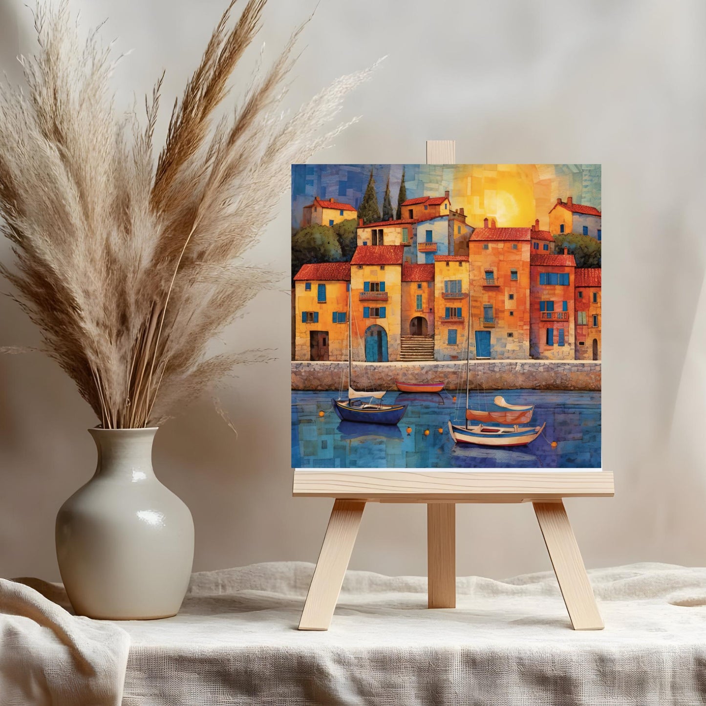 Mediterranean Harbor Ceramic Tile Art, Mosaic Look Decor Tile for Kitchen or Bathroom, Coastal Art, Gallery Wall Decor