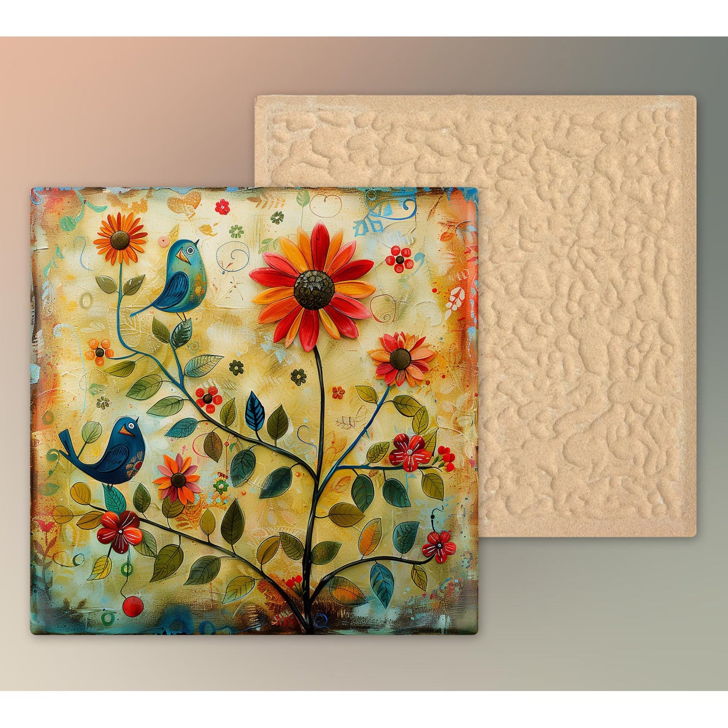 Whimsical Birds and Flowers Tile Art, Quirky Home Decor for Bird Enthusiasts, Ideal Nature-Inspired Gift