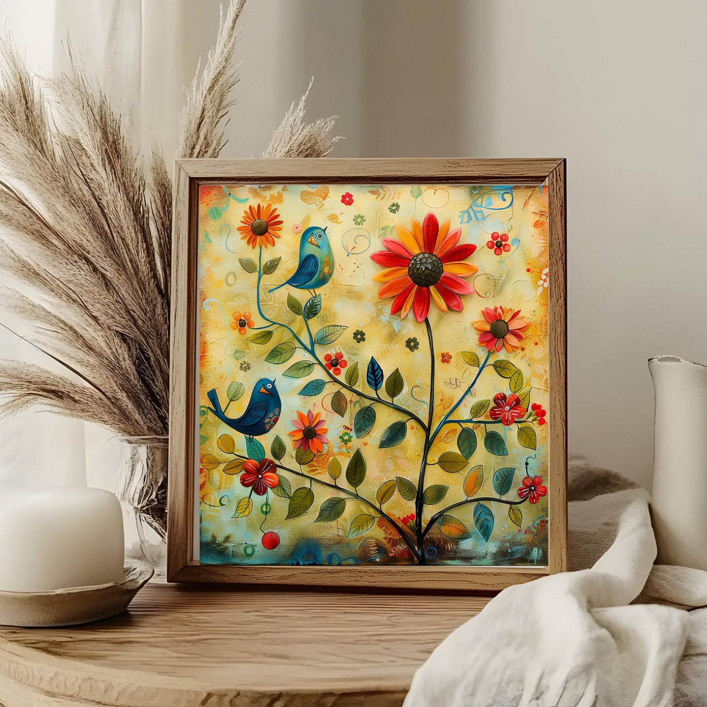 Whimsical Birds and Flowers Tile Art, Quirky Home Decor for Bird Enthusiasts, Ideal Nature-Inspired Gift