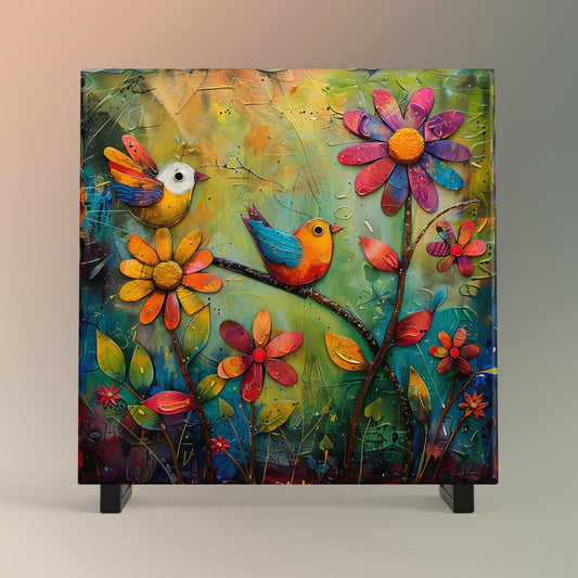 Quirky Birds Ceramic Tile Art, Whimsical Folk Art Decor for Bird Lovers, Perfect Nature-Inspired Gift and Home Accent