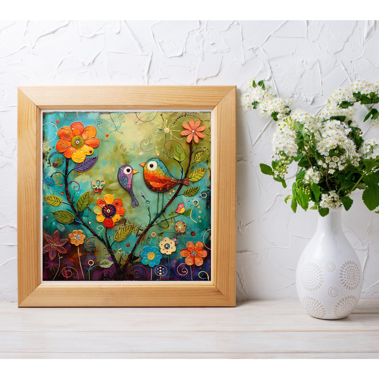 Quirky Birds Ceramic Tile Art II, Whimsical Folk Art Decor for Bird Lovers, Perfect Nature-Inspired Gift and Home Accent