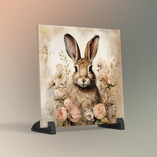 Boho Bunny Rabbit Art Tile - Shabby Chic Cottagecore Print - Beautiful Hare and Flower Art. - Perfect Nature Lover's Gift - Easter Artwork