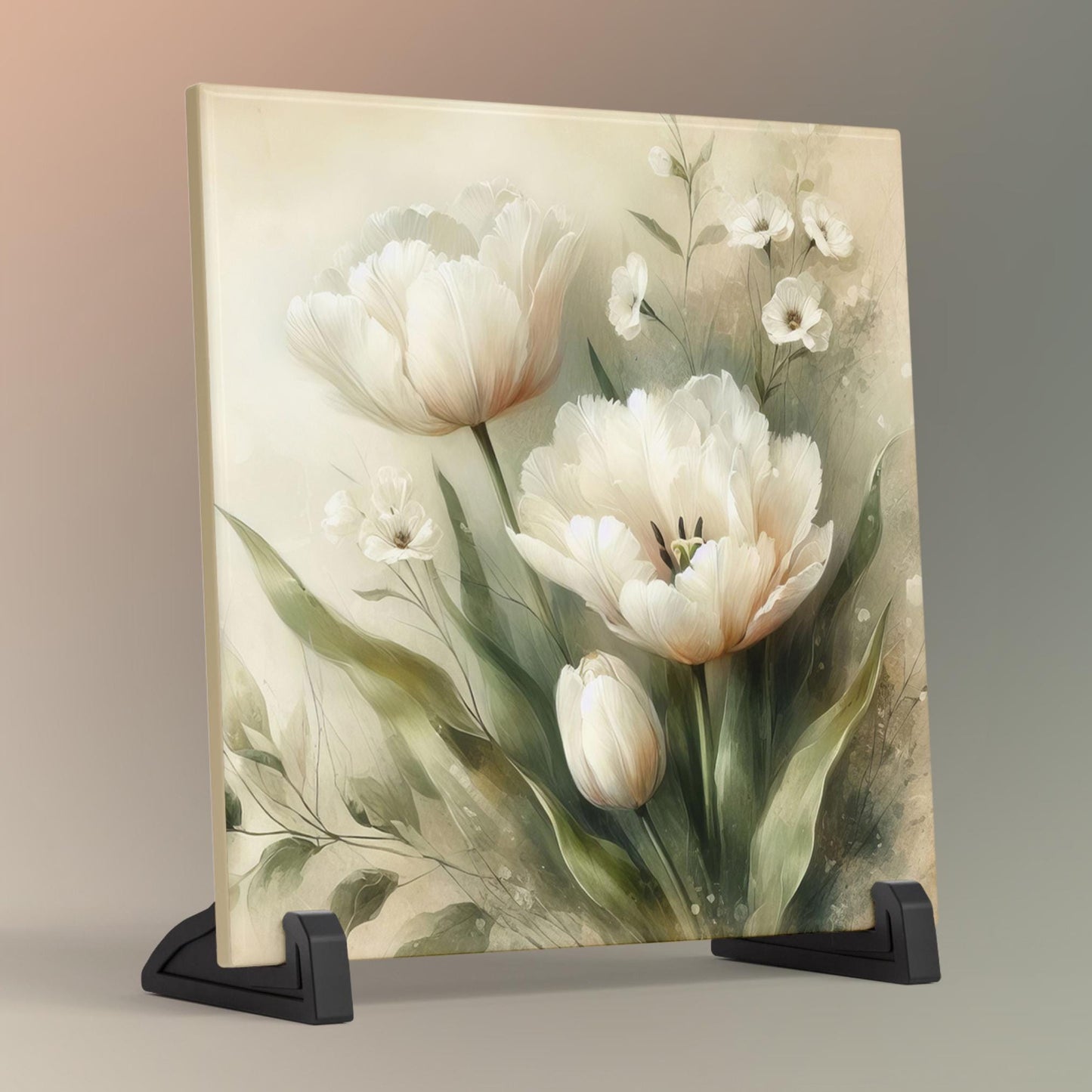 Watercolor Flowers Ceramic Art Tile - Neutral Beige Still Life Botanical Art - Farmhouse Decor - Cozy Home Accents