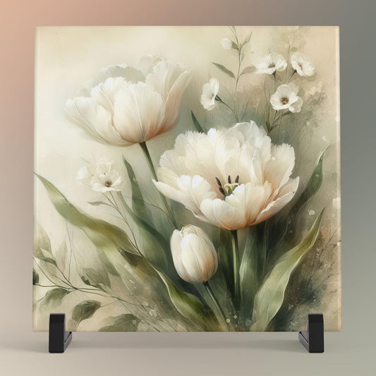 Watercolor Flowers Ceramic Art Tile - Neutral Beige Still Life Botanical Art - Farmhouse Decor - Cozy Home Accents
