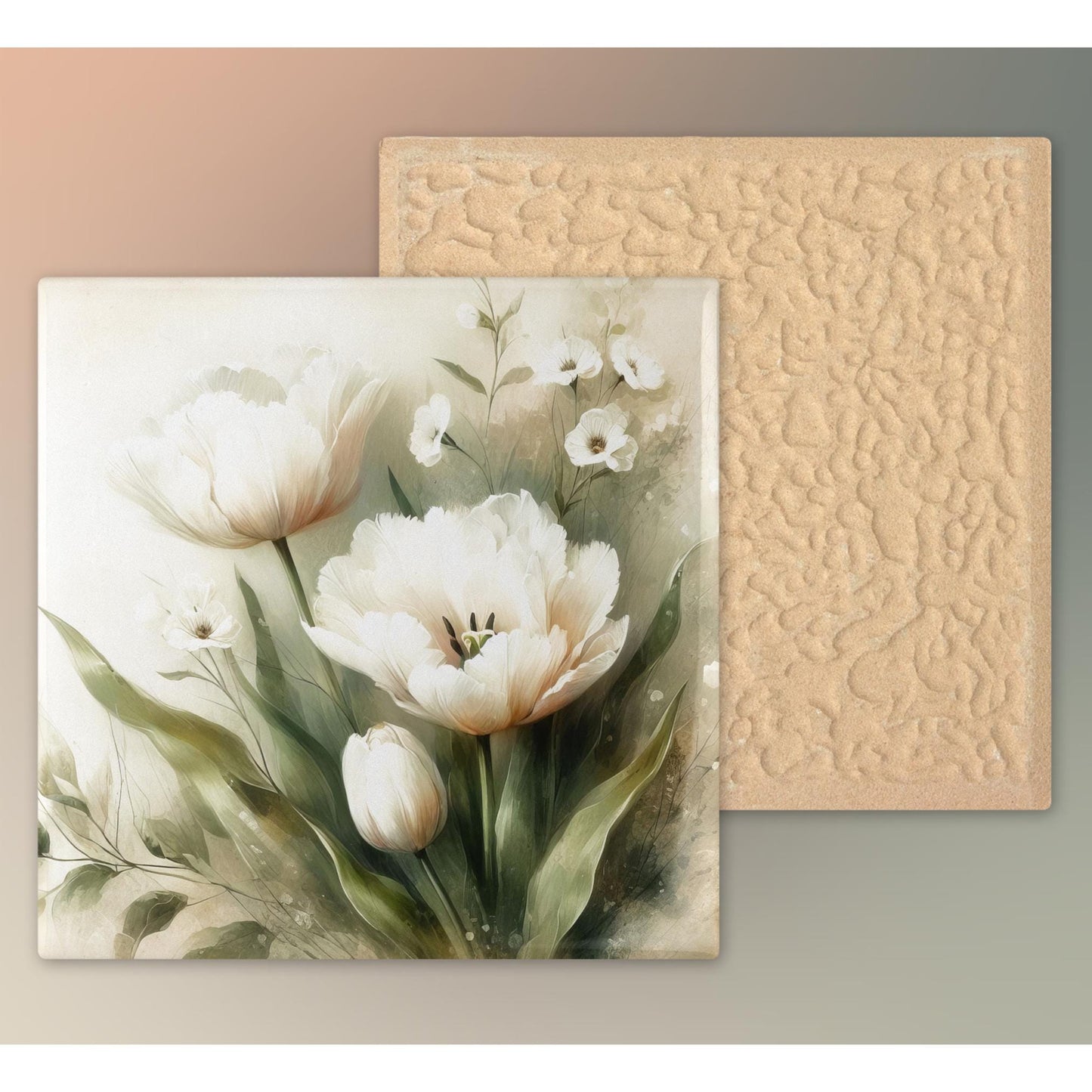 Watercolor Flowers Ceramic Art Tile - Neutral Beige Still Life Botanical Art - Farmhouse Decor - Cozy Home Accents