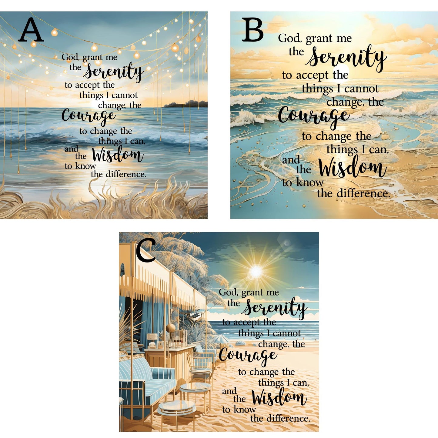 Serenity Prayer Ceramic Tile, Beautiful Coastal Art Print with Uplifting Quote, Perfect Gift for Encouragement and Home Decor - 3 Styles