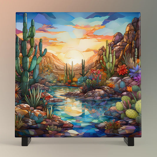 Desert Oasis Ceramic Tile, Stained Glass Print, Handmade Ceramic Wall Decor for Unique Home Accent, Perfect Nature Inspired Gift