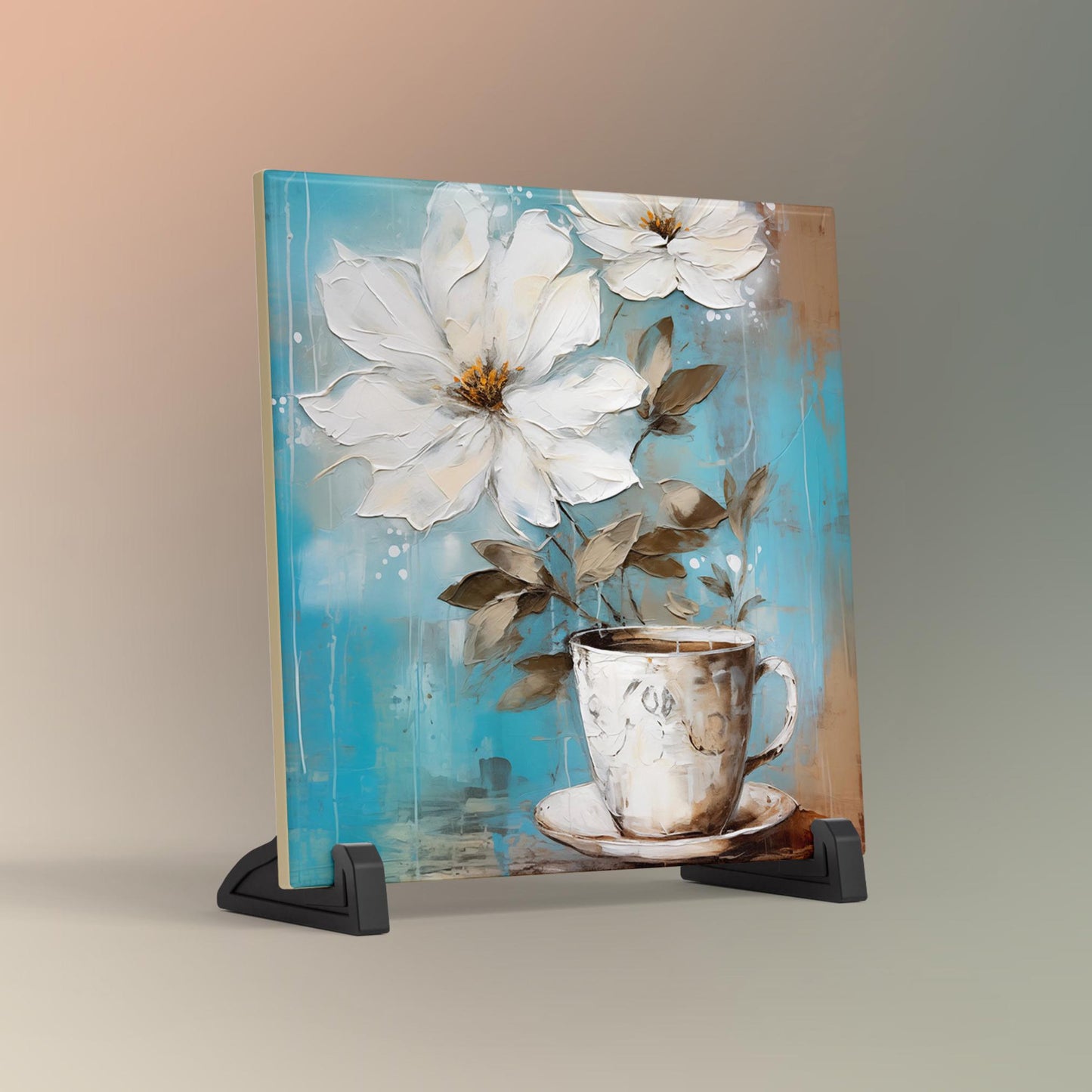Coffee and Flowers Ceramic Art Tile | Stylish Kitchen Decor for Coffee Lovers | Coffee Time Wall Decor
