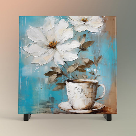 Coffee and Flowers Ceramic Art Tile | Stylish Kitchen Decor for Coffee Lovers | Coffee Time Wall Decor
