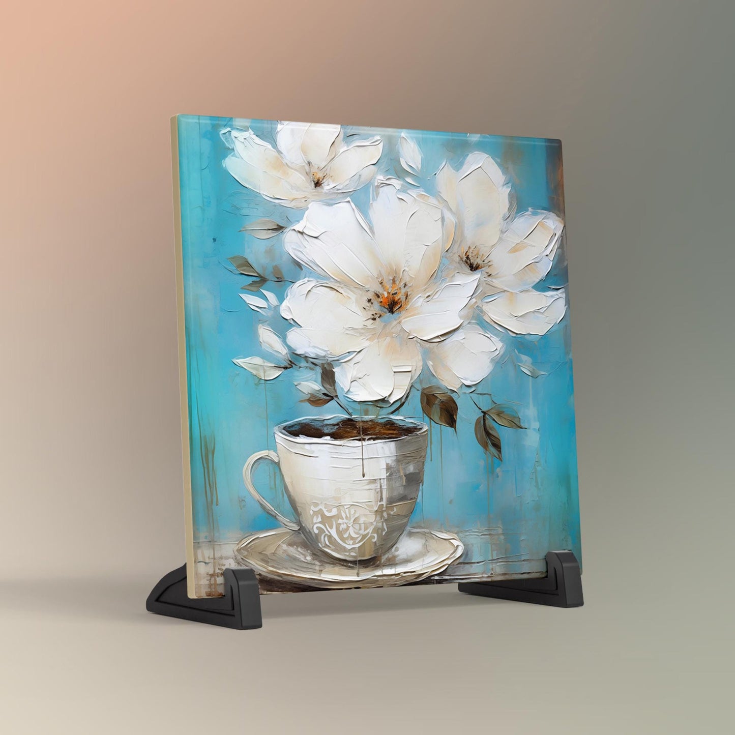 Coffee and Flowers Ceramic Art Tile II | Stylish Kitchen Decor for Coffee Lovers | Coffee Time Wall Decor
