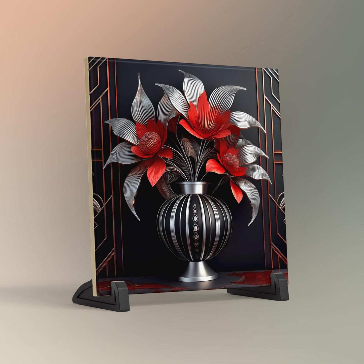 Art Nouveau Ceramic Art Tile Black and Red Flowers in Vase - Stunning Art Nouveau Decorative Wall Hanging - Elegant Home Decor