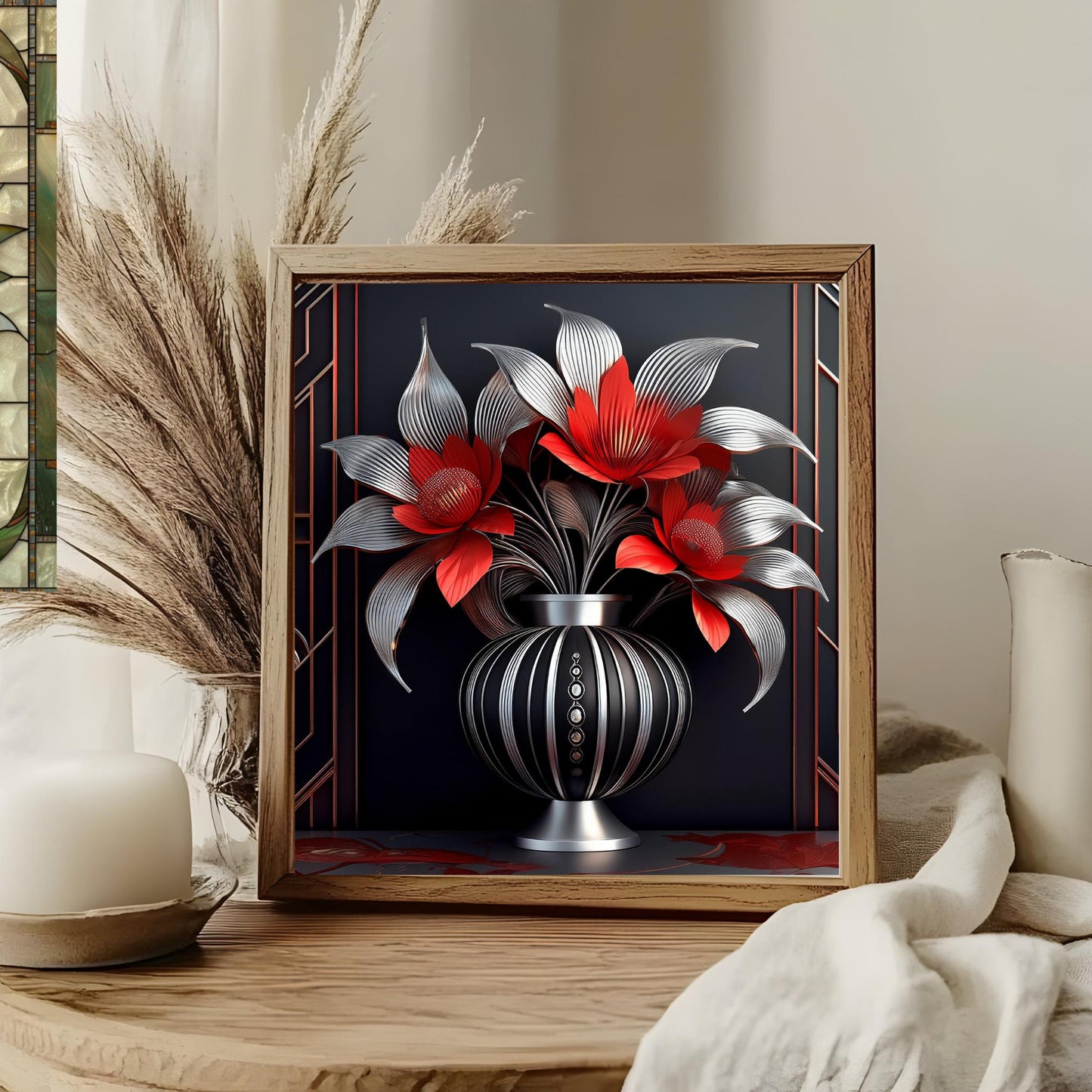 Art Nouveau Ceramic Art Tile Black and Red Flowers in Vase - Stunning Art Nouveau Decorative Wall Hanging - Elegant Home Decor