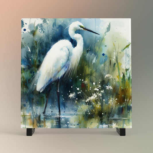 Watercolor Egret Art Tile, Marshland Landscape, Elegant Bird Wall Art, Minimalist Wildlife Painting