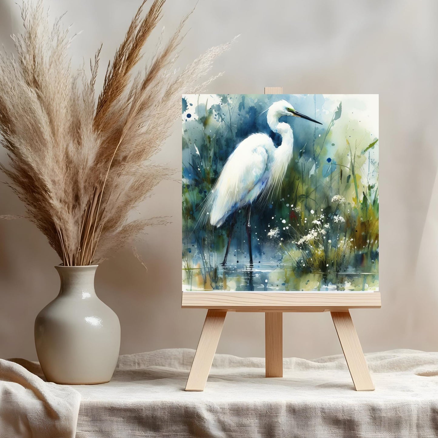 Watercolor Egret Art Tile, Marshland Landscape, Elegant Bird Wall Art, Minimalist Wildlife Painting