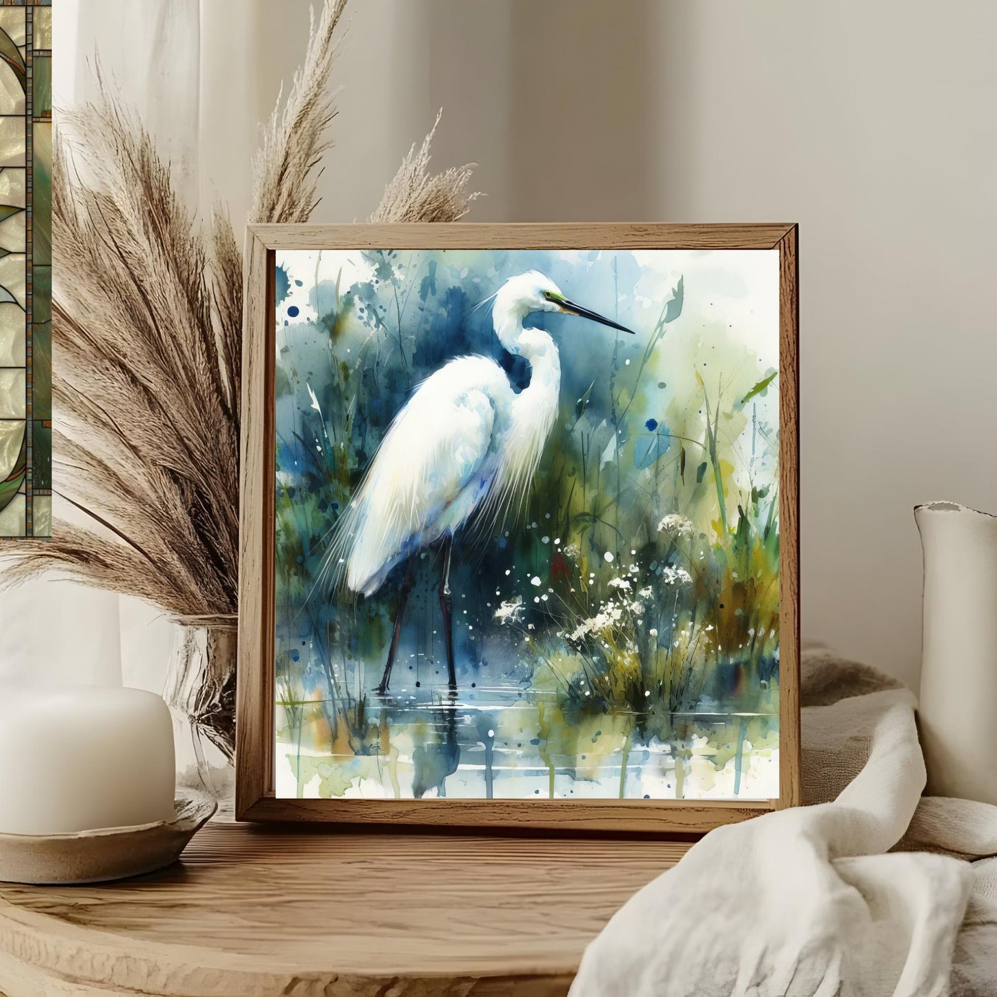 Watercolor Egret Art Tile, Marshland Landscape, Elegant Bird Wall Art, Minimalist Wildlife Painting