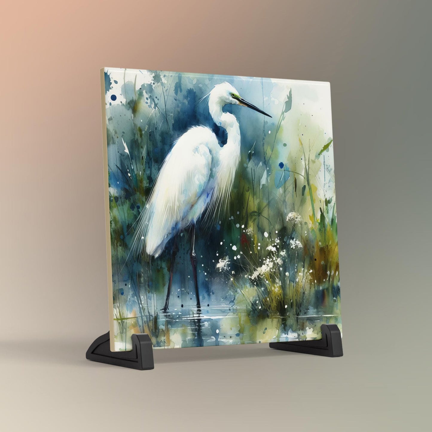 Watercolor Egret Art Tile, Marshland Landscape, Elegant Bird Wall Art, Minimalist Wildlife Painting