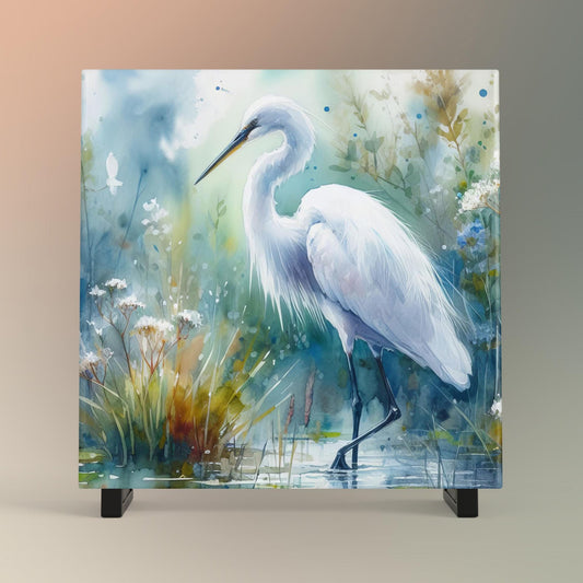 Watercolor Egret Art Tile II, Marshland Landscape, Elegant Bird Wall Art, Minimalist Wildlife Painting