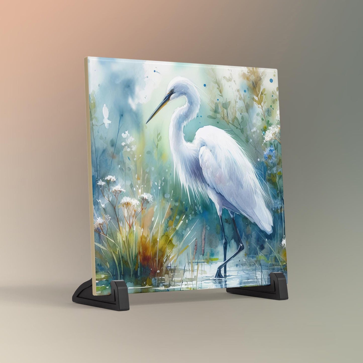 Watercolor Egret Art Tile II, Marshland Landscape, Elegant Bird Wall Art, Minimalist Wildlife Painting