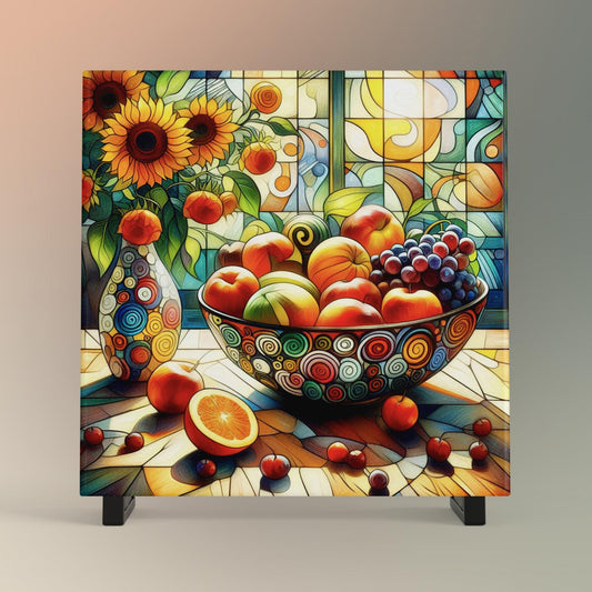 Vibrant Still Life Fruit Art Tile, Colorful Stained Glass Kitchen Decor, Chic Gift for Food Lovers and Chefs