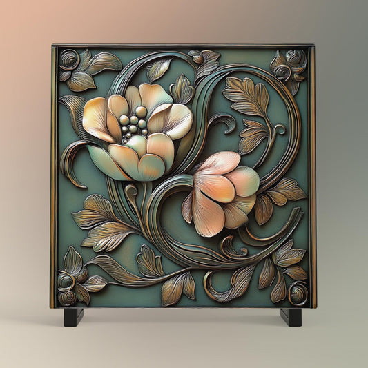 Art Deco Floral Tile, Vintage Bronze Rose Flowers Art, Elegant Wall Decor for Art Nouveau Style, Retro Home Accents