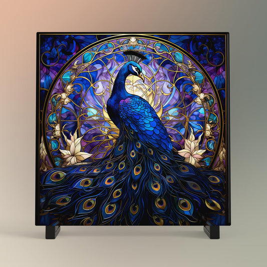 Art Deco Peacock Ceramic Tile | Stained Glass Look | Art Nouveau | Unique Wall Art | Ceramic Wall Decor | Colorful Bird Print
