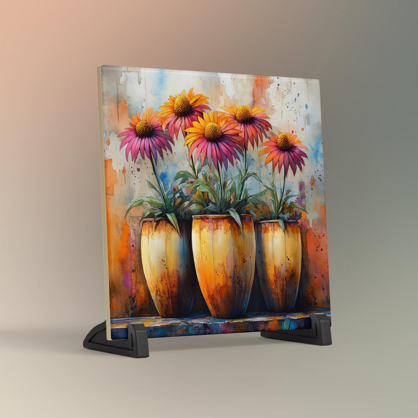 Rustic Floral Ceramic Tile, Vibrant Flower Vase Artwork, Perfect Farmhouse Decor for Spring Home Accents