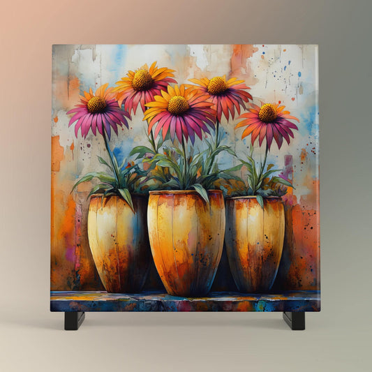 Rustic Floral Ceramic Tile, Vibrant Flower Vase Artwork, Perfect Farmhouse Decor for Spring Home Accents