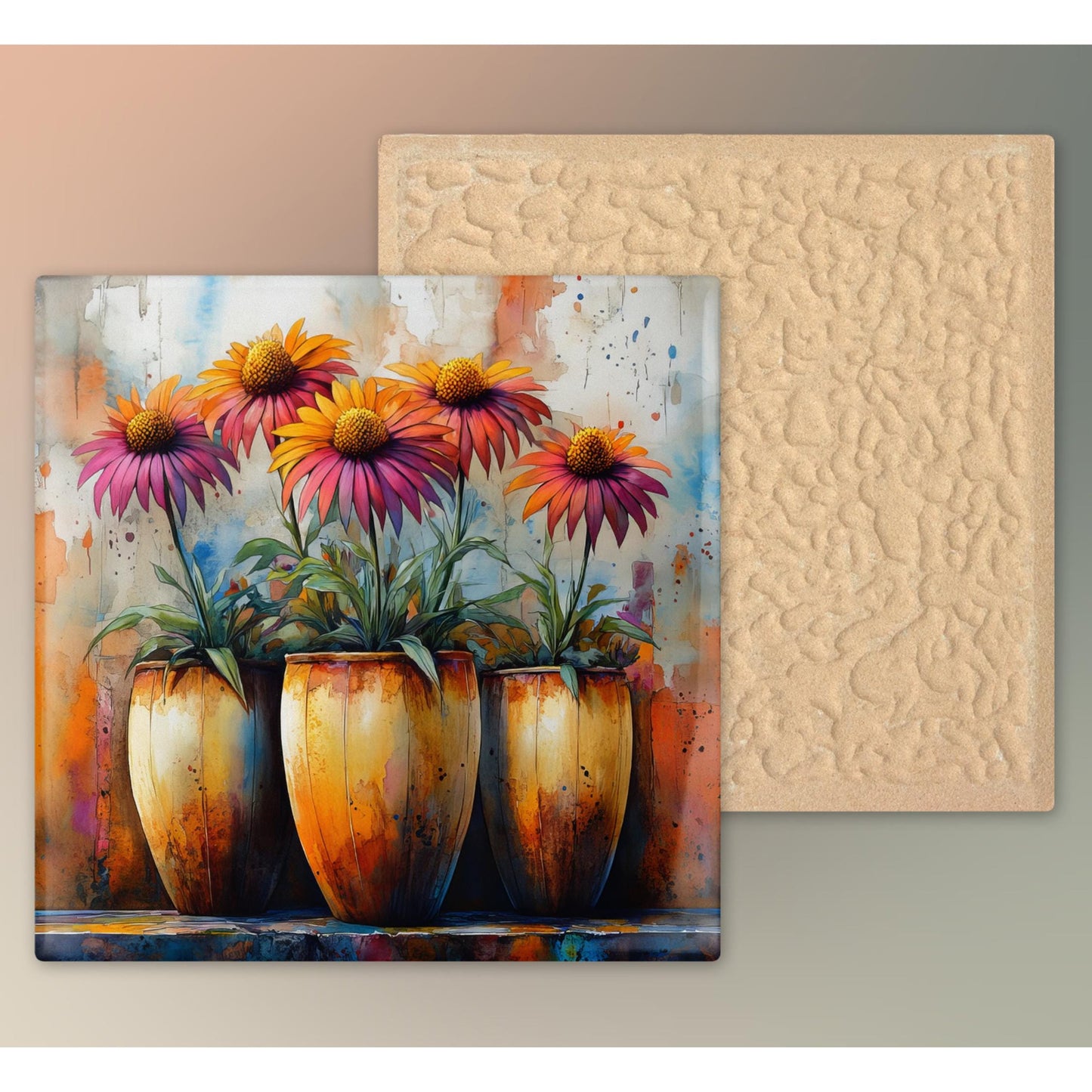 Rustic Floral Ceramic Tile, Vibrant Flower Vase Artwork, Perfect Farmhouse Decor for Spring Home Accents