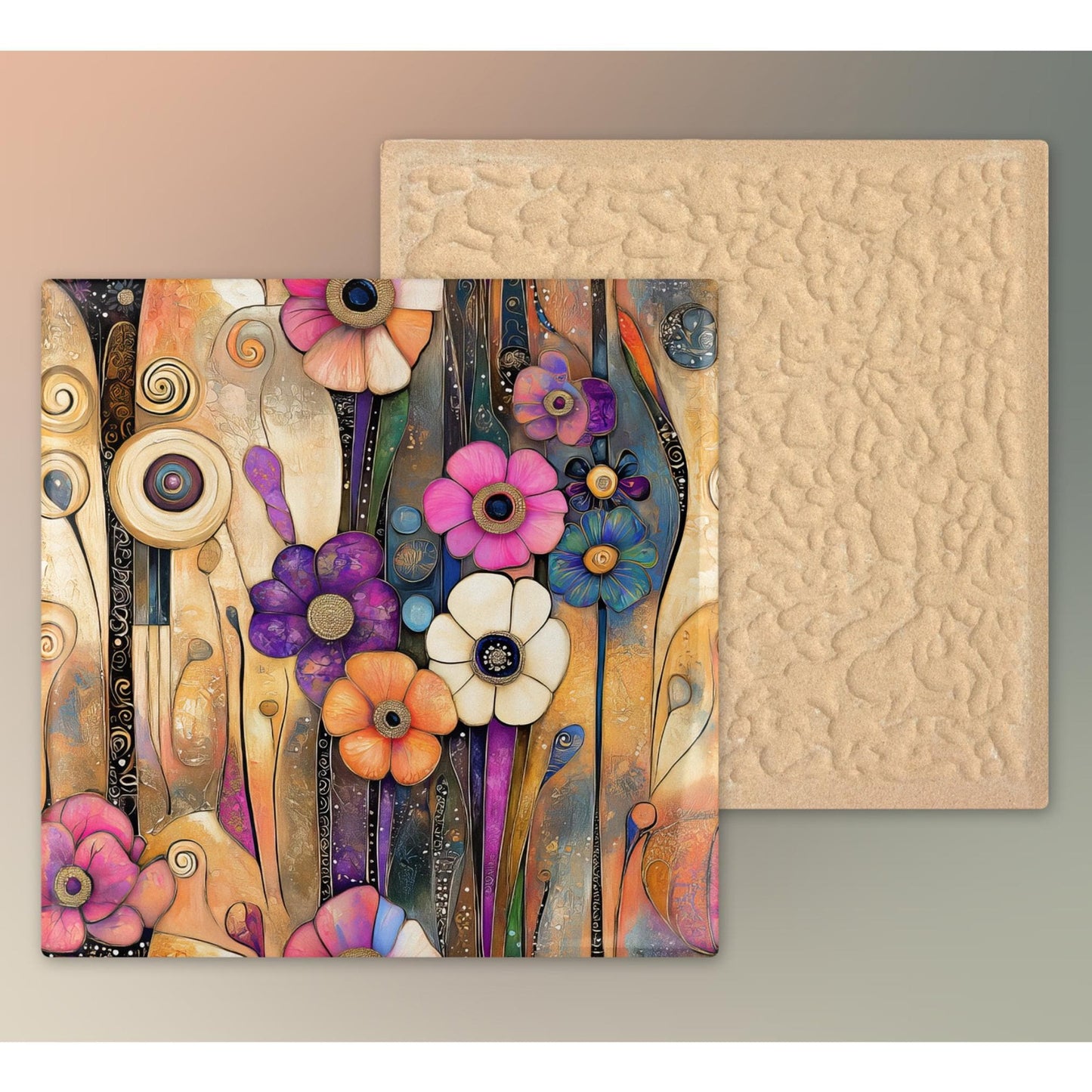 Abstract Floral Ceramic Tile Wall Art,  Klimt Inspired Flower Decor,  Art Nouveau Wall Hanging -  Art Print Ready to Display