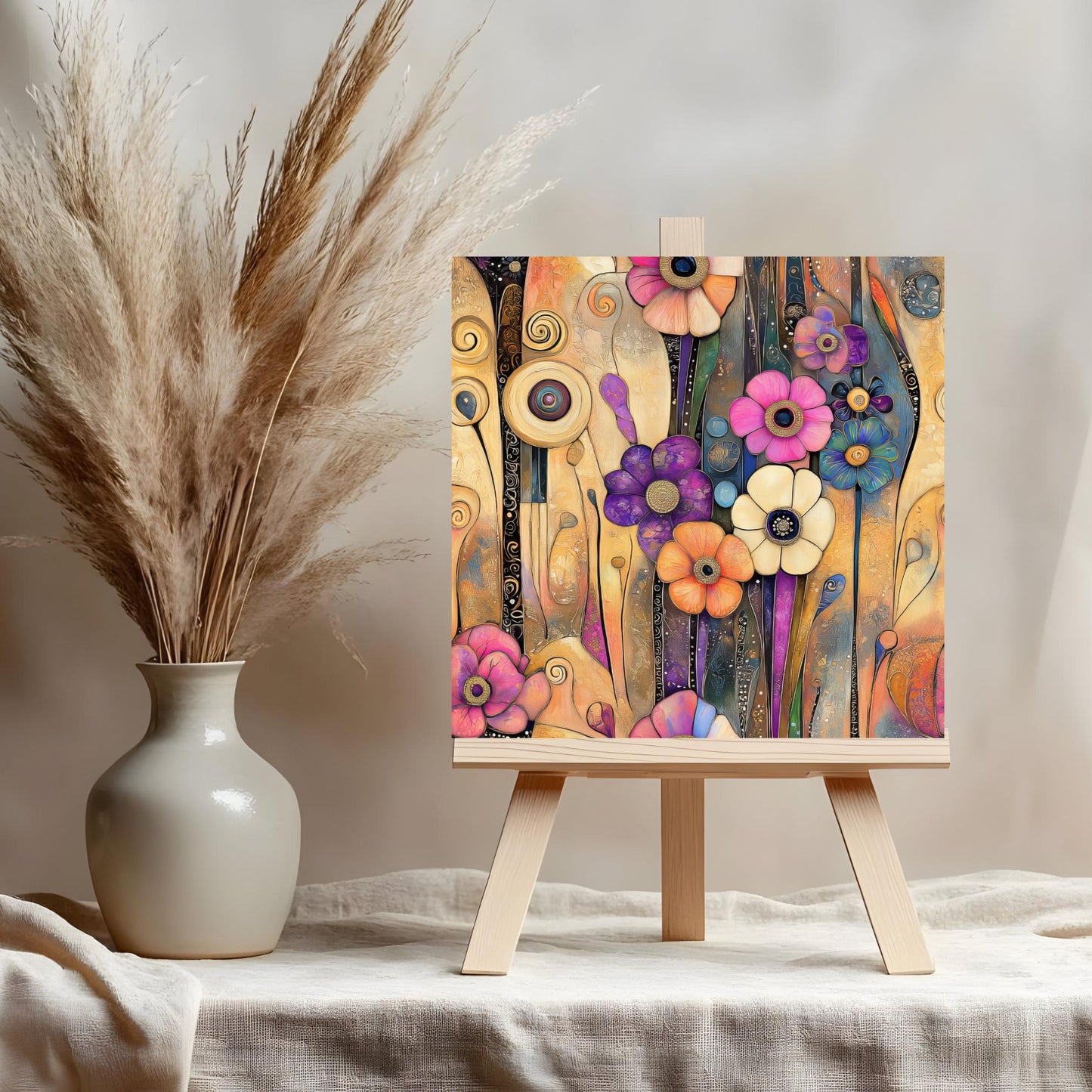 Abstract Floral Ceramic Tile Wall Art,  Klimt Inspired Flower Decor,  Art Nouveau Wall Hanging -  Art Print Ready to Display