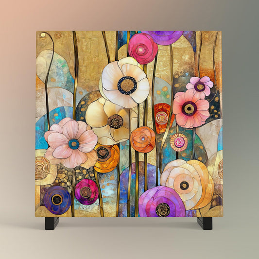 Abstract Flower Art Ceramic Tile,  Klimt Inspired Flower Decor,  Art Nouveau Wall Hanging -  Art Print Ready to Display