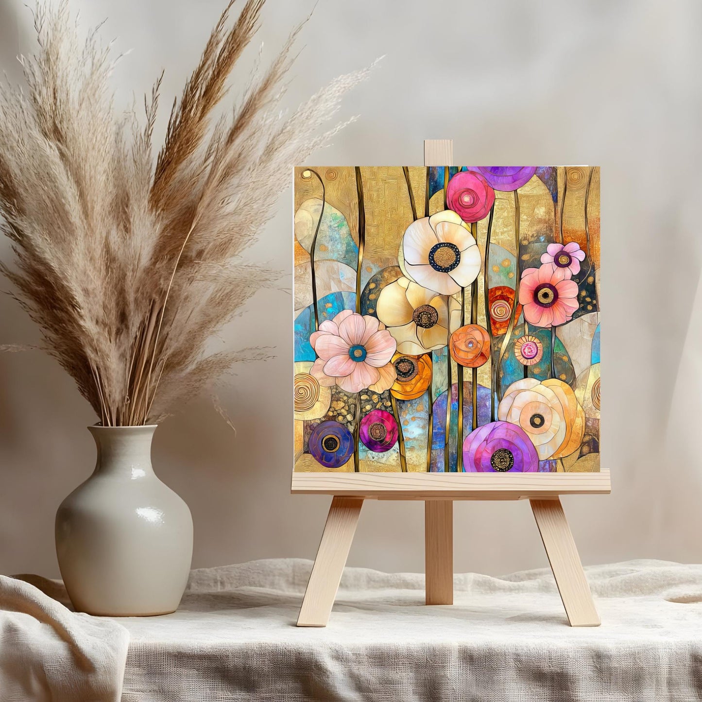 Abstract Flower Art Ceramic Tile,  Klimt Inspired Flower Decor,  Art Nouveau Wall Hanging -  Art Print Ready to Display