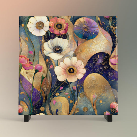 Klimt Inspired Floral Ceramic Tile Wall Art,  Klimt Inspired Flower Decor,  Art Nouveau Wall Hanging -  Art Print Ready to Display
