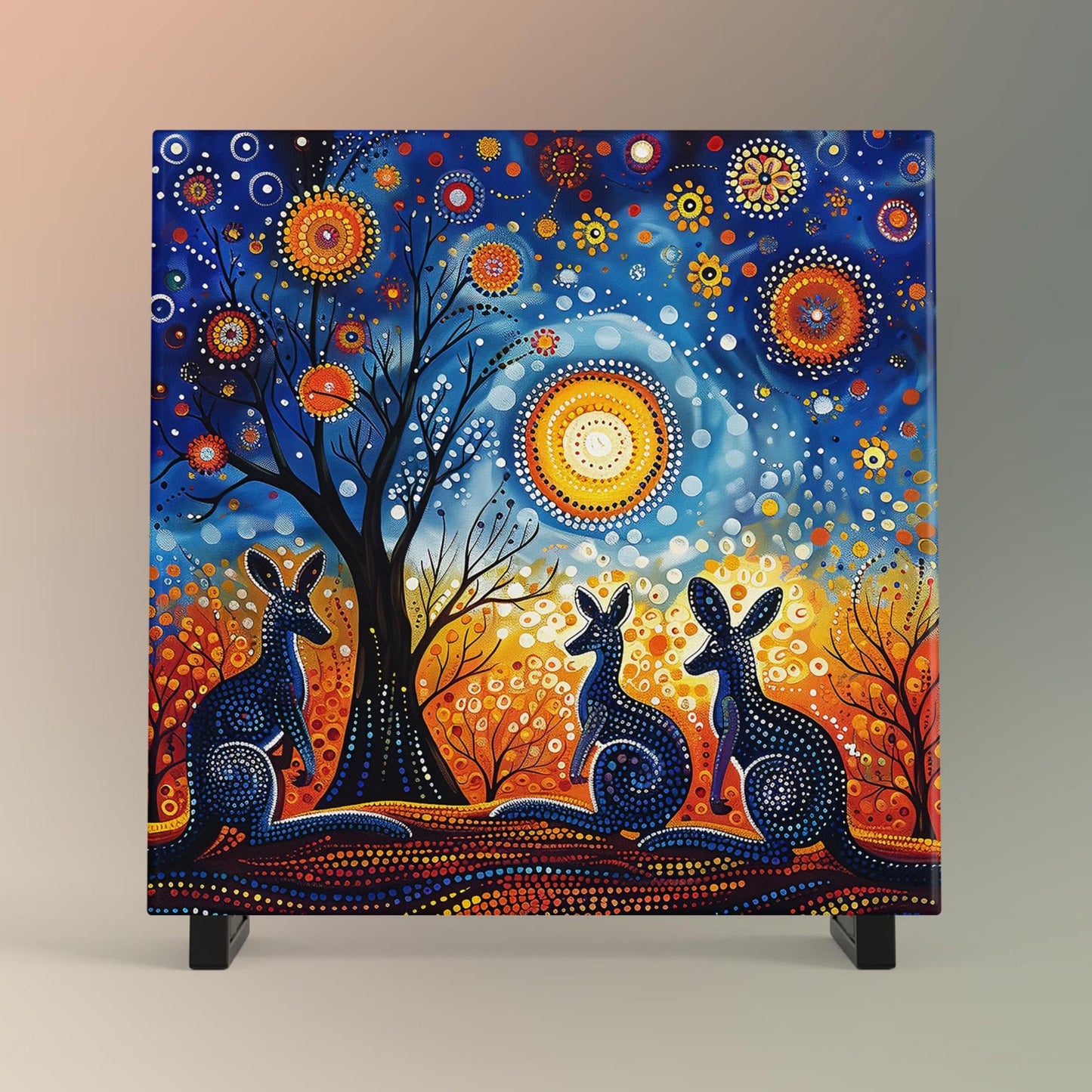 Vibrant Kangaroos Art Tile, Aboriginal Dot Matrix Pattern, Unique Wall Decor for Art Lovers, Perfect Gift for Nature Enthusiasts